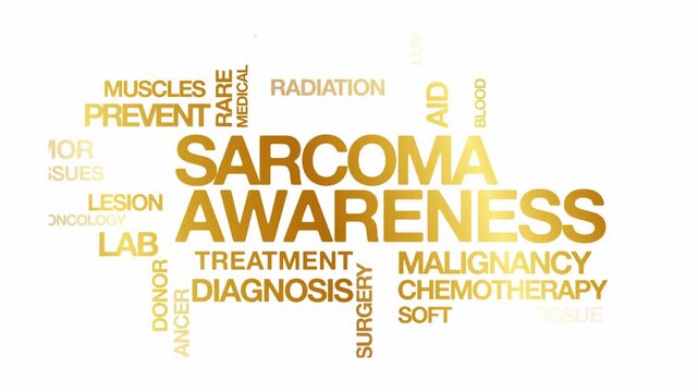Sarcoma awareness concept Animated Tag Word Cloud kinetic typography, Text Design Animation typography seamless loop video motion graphics Intro Wordart arrangement golden type on white background bg 