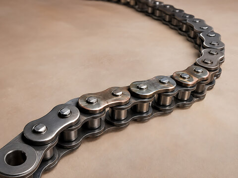 Curved metal roller chain linkage for heavy industrial drives with mechanical industrial machinery engineering component transmission maintenance prediction lubrication