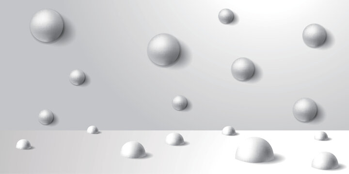Minimalist White Interior Design Featuring Floating Spheres and Semi-Spheres