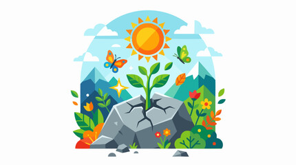 Fototapeta premium Business growth concept with diverse team climbing mountain, career path to success with red arrow, achievement and leadership vector illustration