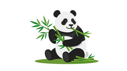 Cute cartoon giant panda sitting and eating green bamboo isolated on white background. Vector illustration of a friendly bear character. © Ziqri