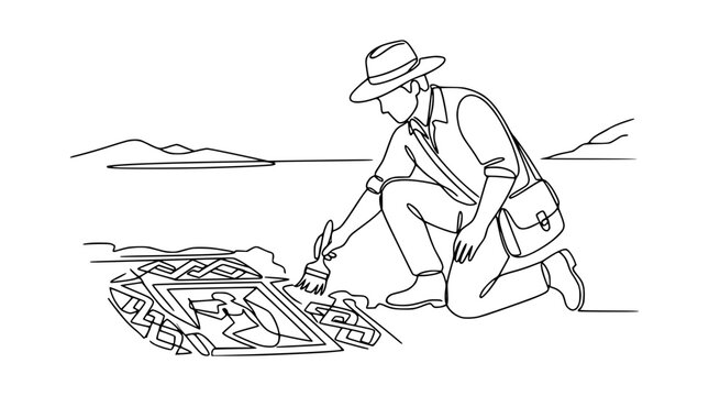 Archaeologist Brushing Ancient Artifact Discovery, Line Art