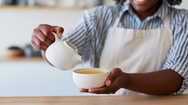 Person pours tea from ceramic teapot into cup. Hands steady teapot and bowl during tea service at table