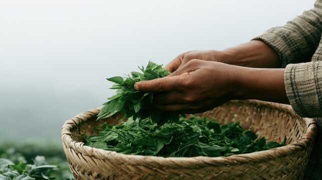 Hands gather fresh tea leaves into woven basket. Close view shows careful harvesting of green foliage for tea production