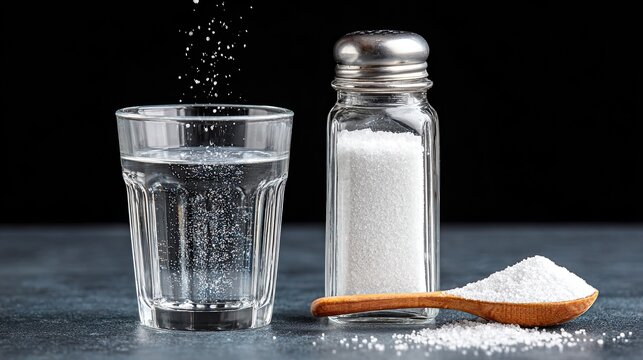 Coarse salt shaker and clear water glass still life closeup, sodium chloride dissolution diet health science, kitchen catering chemistry experiment promotional design material