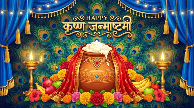 Image is a vibrant and festive digital illustration celebrating Krishna Janmashtami. The layout features a central clay pot filled with white butter, adorned with a red cloth and gold embellishments, 
