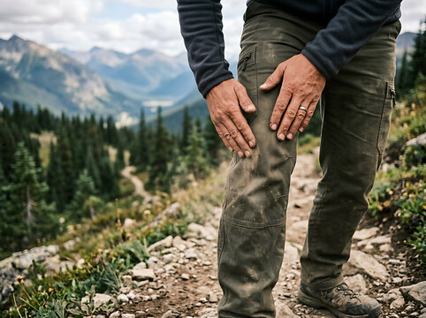 Hiker touching his knee while standing on a rocky mountain trail during a hike.