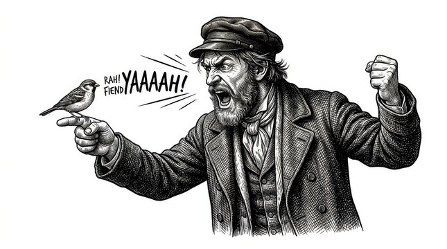 Angry old man in vintage clothes shouting at a small bird perched on his finger with a comic book style illustration