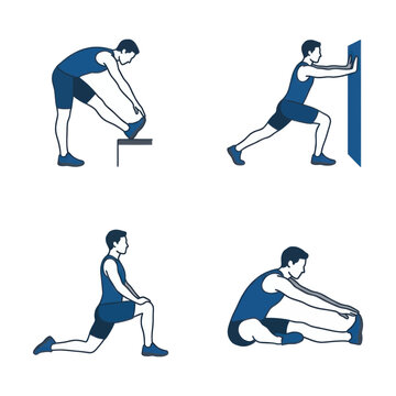 Vector illustration of a man performing various leg stretching exercises for flexibility and warm up.