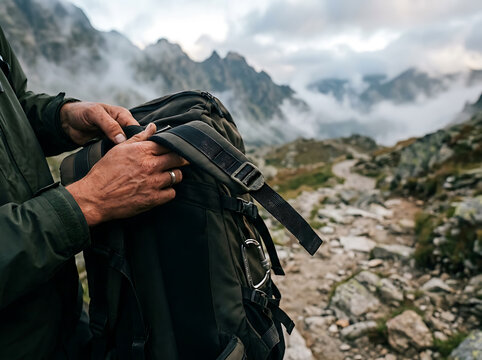 Hiker adjusting backpack straps while standing on a mountain trail in the clouds.