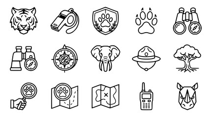 Safari Icons: Tiger, Elephant, Rhino, Binoculars, Compass, Map, Whistle, Paw Print © Janganan