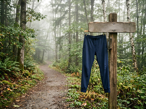 A pair of blue sweatpants hanging on a wooden signpost in a foggy forest.