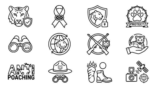 Anti-Poaching Icons: Tiger Protection, Wildlife Conservation, and Safari Gear Set