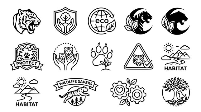 Wildlife Conservation Icons: Tiger, Tree, Earth, Protect, Habitat, Eco