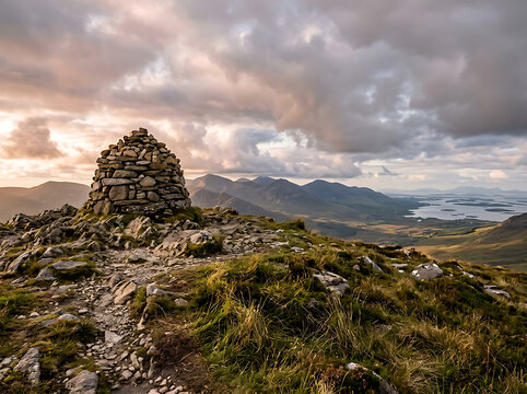 A stone cairn on a mountain summit overlooking a scenic valley at sunset.