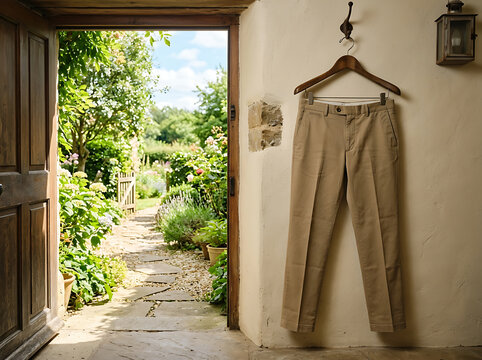 Beige trousers hanging on a wooden hanger inside a rustic house with an open door looking out to a lush garden.