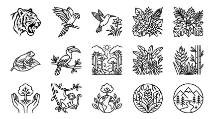 Jungle Animals and Plants Vector Icons: Tiger, Parrot, Hummingbird, Frog, Monkey, Nature, Forest, Mountains © Janganan