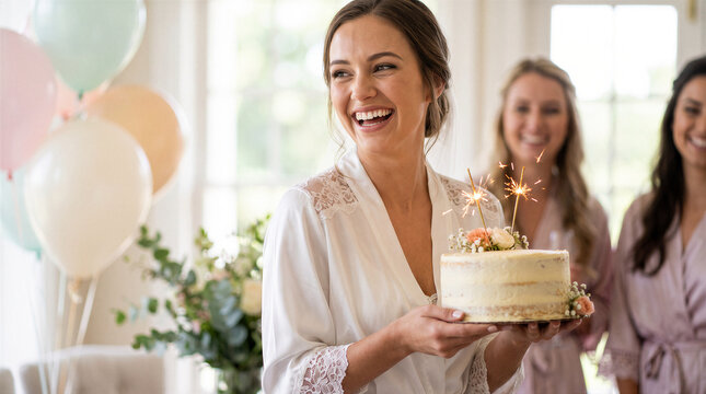 Happy bride holding a small wedding cake with sparklers while getting ready with her bridesmaids in a bright room
