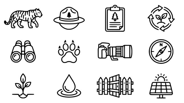 Nature Conservation Icon Set: Tiger, Ranger Hat, Camera, Binoculars, Paw Print, Compass, Solar Panel