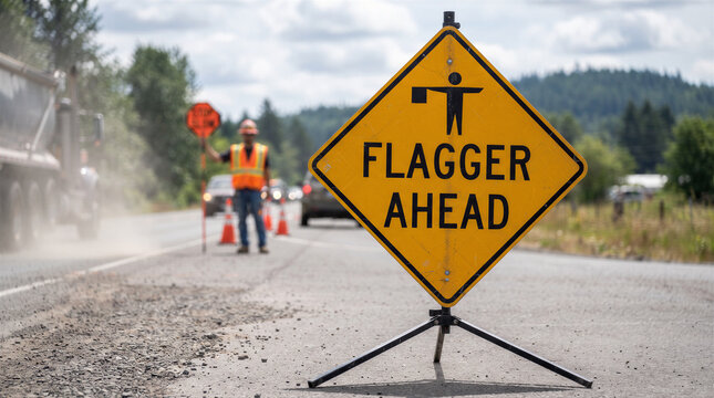 Road construction worker holding a stop sign on a highway with a flagger ahead warning sign in the foreground