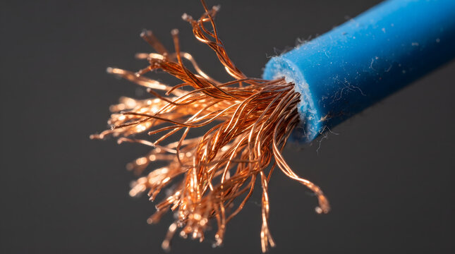 Macro photograph of a stripped blue electrical wire with frayed copper strands exposed, symbolizing power connection, electrical engineering, and energy transmission.