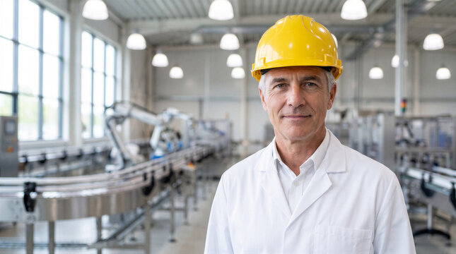 Portrait of a senior factory manager wearing a white lab coat and a yellow hard hat in a modern automated production facility