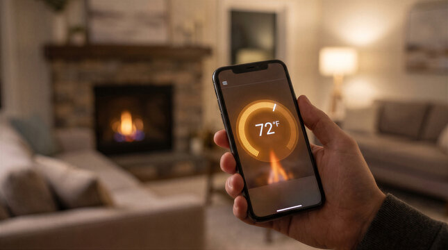 Person using a smartphone app to control a smart fireplace thermostat in a cozy living room setting