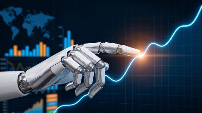 Robotic hand touching a glowing digital financial graph on a dark background, representing artificial intelligence in stock market analysis