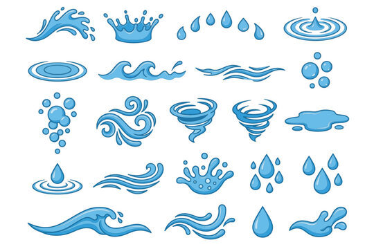 Blue Water Elements: A vibrant collection of blue water splashes, waves, drops, and swirls, beautifully illustrated to represent the dynamic nature of water in various forms.