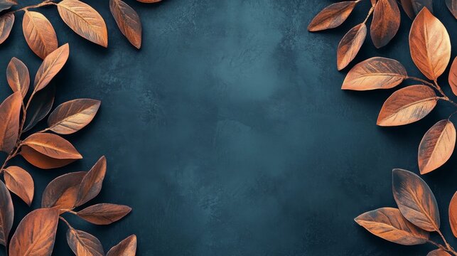 Dark teal background framed by bronze leaves