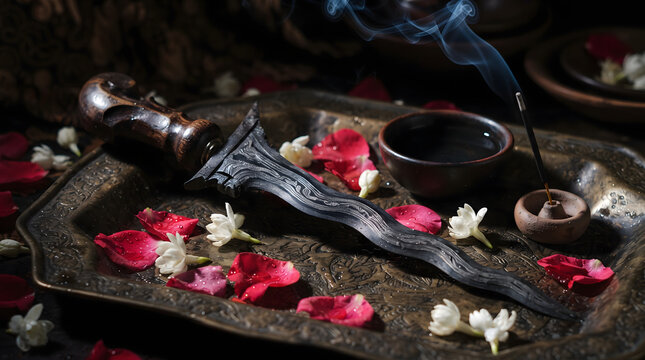 Traditional Indonesian keris dagger with wavy blade on a brass tray adorned with rose petals, jasmine flowers, and smoking incense