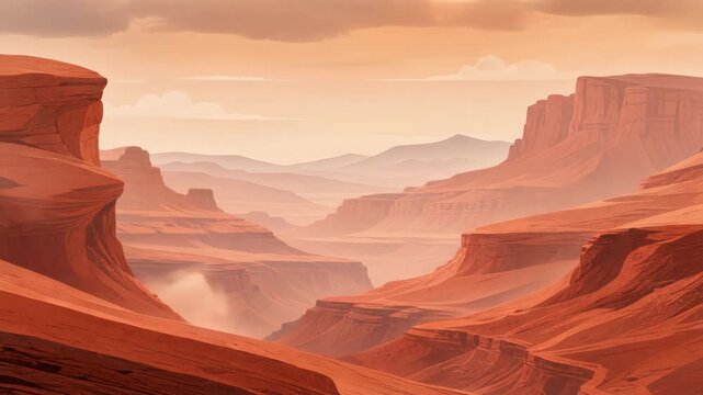 Expansive red rock canyon landscape with layered cliffs and dusty air