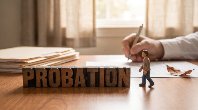 A miniature figurine of a man standing next to wooden blocks spelling out the word probation on a desk with paperwork and a pen