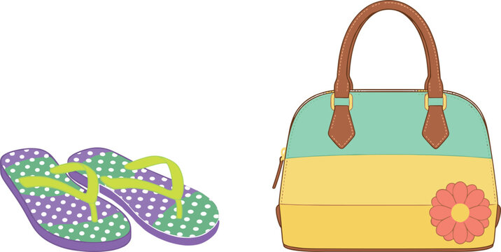Summer beach fashion accessories vector illustration set with colorful handbag and purple polka dot flip flop sandals isolated.