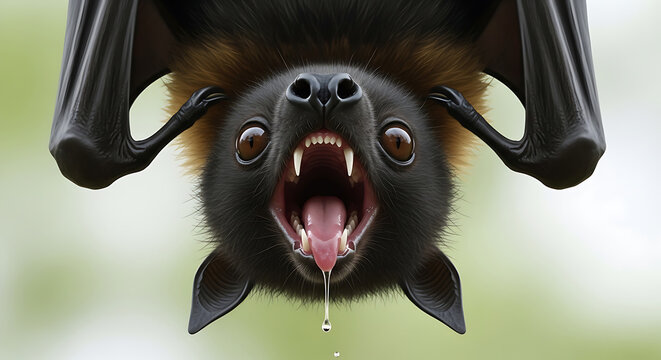 Close-up of a black flying fox bat hanging upside down, mouth open with sharp teeth and tongue visible, dripping saliva against a blurred green background