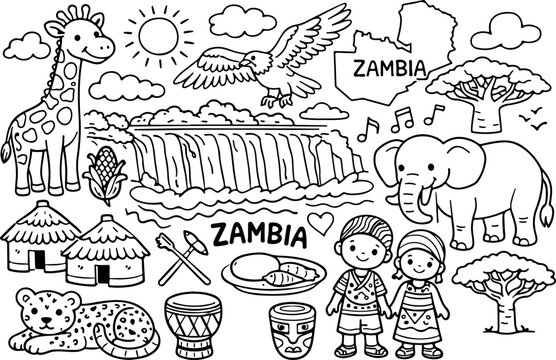 Sambias Sehensw&uuml;rdigkeiten, handgezeichnete Cartoon-Umrisse, Strichzeichnungen, Malvorlage f&uuml;r Kinder