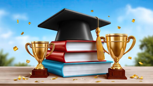 Graduation day celebration image featuring books cap and trophies