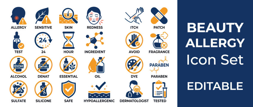 Beauty Allergy Icon Set: Skin Sensitivity, Ingredients, Redness, Itch, Paraben Free