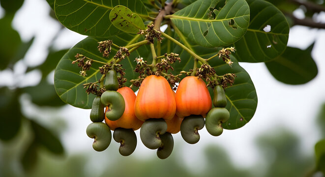 Cluster of ripening orange cashew apples with attached green kidney-shaped nuts hanging from a tree branch with broad green leaves in an orchard