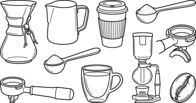 Barista Coffee Brewing Equipment Line Icon Set with Chemex, Siphon Maker, Portafilter, Milk Pitcher, Takeaway Cup, Scoop, and Bean Vector Illustration