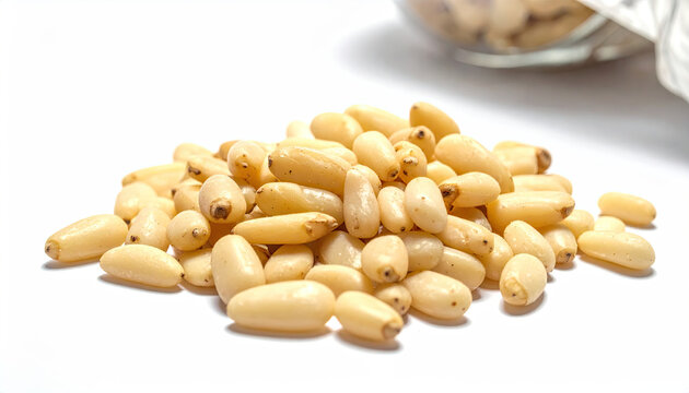 White pine nuts scattered on a white surface for culinary use