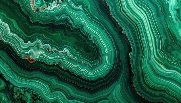 Closeup of vibrant green malachite mineral with intricate banding patterns