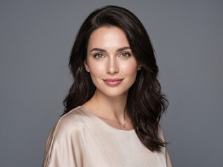 Fototapeta premium A beautiful woman with long, dark, wavy hair and gentle eyes, smiling softly at the camera. She is wearing a beige, silky top and looking confident and serene