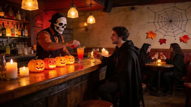 Halloween Bar Scene: A mysterious bartender in a skeleton mask serves a vibrant drink to a patron dressed in a cloak at a dimly lit bar, adorned with jack-o'-lanterns and cobwebs.