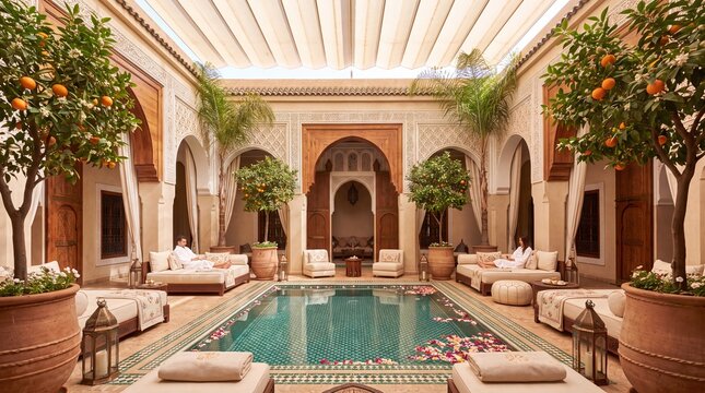 Luxury Traditional Moroccan Riad Courtyard with Pool and Orange Trees at a Boutique Hotel Spa