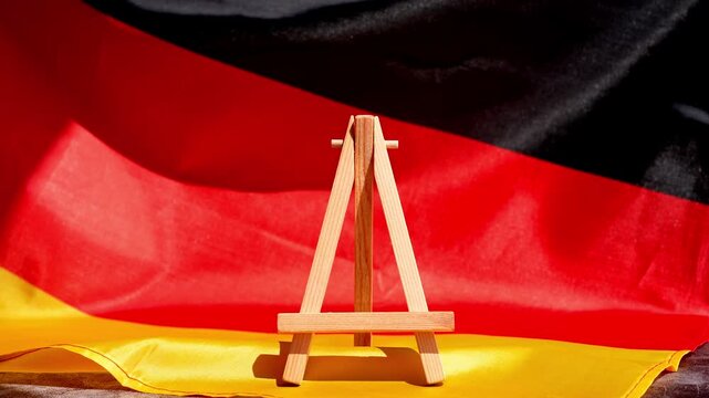 Paper note with words TIME TO TRAVEL on National symbol of Germany. German wave silky flag background. Concept of travel destination tourism 