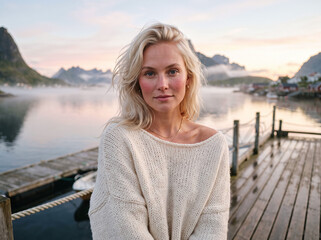 Fototapeta premium A portrait of a woman with blonde hair, wearing a cream-colored sweater, standing on a wooden pier with a misty lake and village in the background at sunrise
