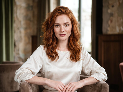 Portrait of a beautiful woman with long red hair and a warm smile, seated in a comfortable chair and looking directly at the camera