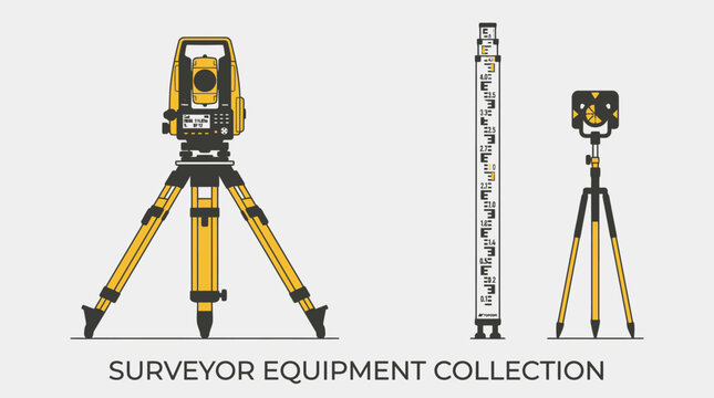Surveyor equipment collection on tripods with leveling rod outdoors