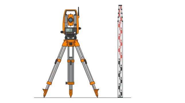 Surveyor uses a tripod with leveling instrument and measuring rod on site